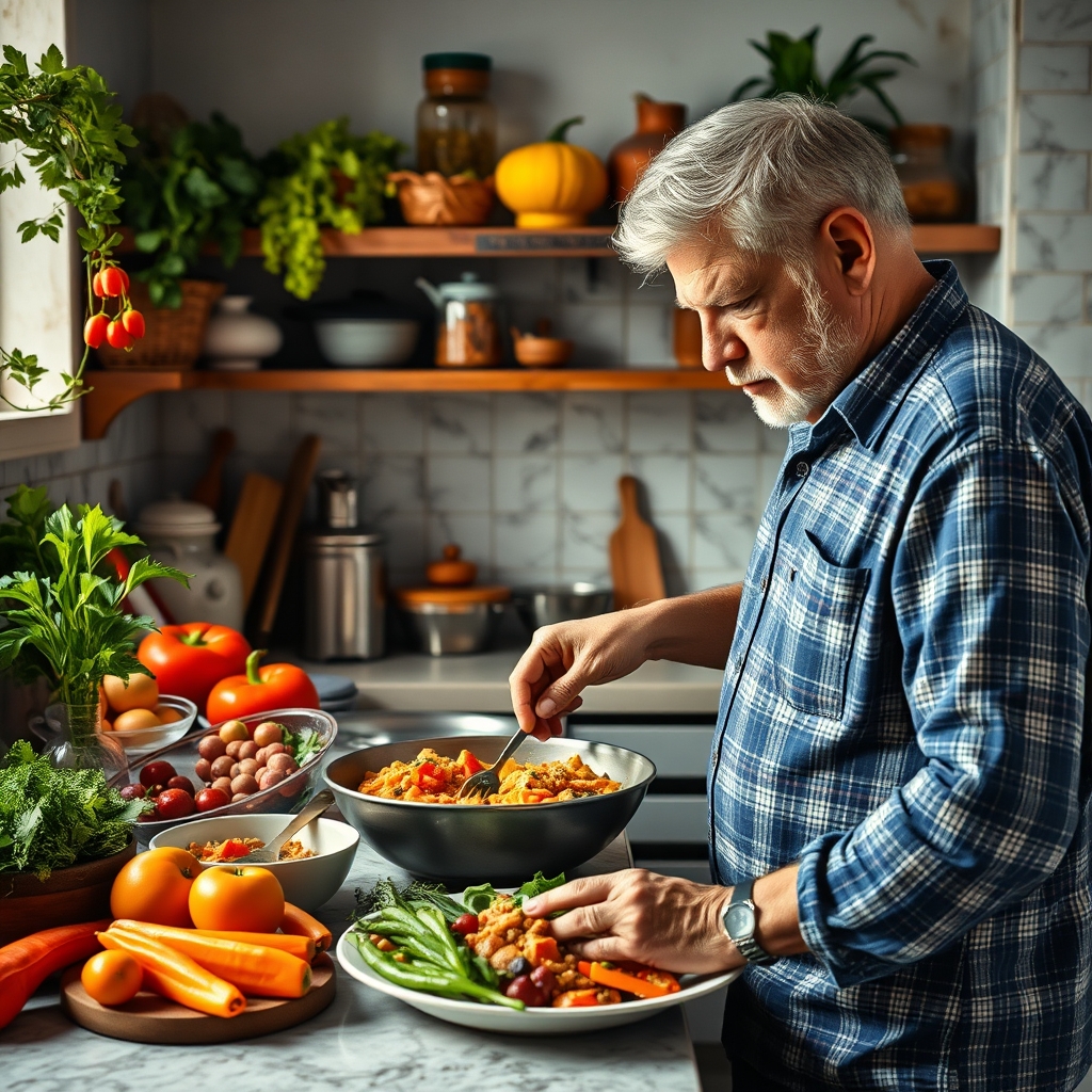 cozinha brasileira com ingredientes saudáveis e homem maduro preparando uma refeição, exemplo de ordem dos alimentos glicemia
